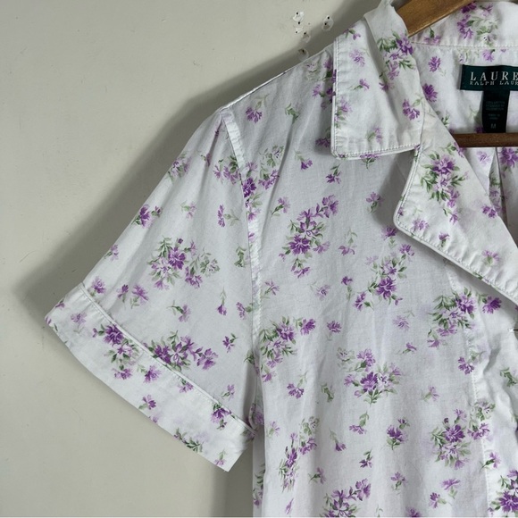 Lauren Ralph Lauren White Purple Floral Button Down Cotton Short Sleeve Medium - Picture 3 of 9